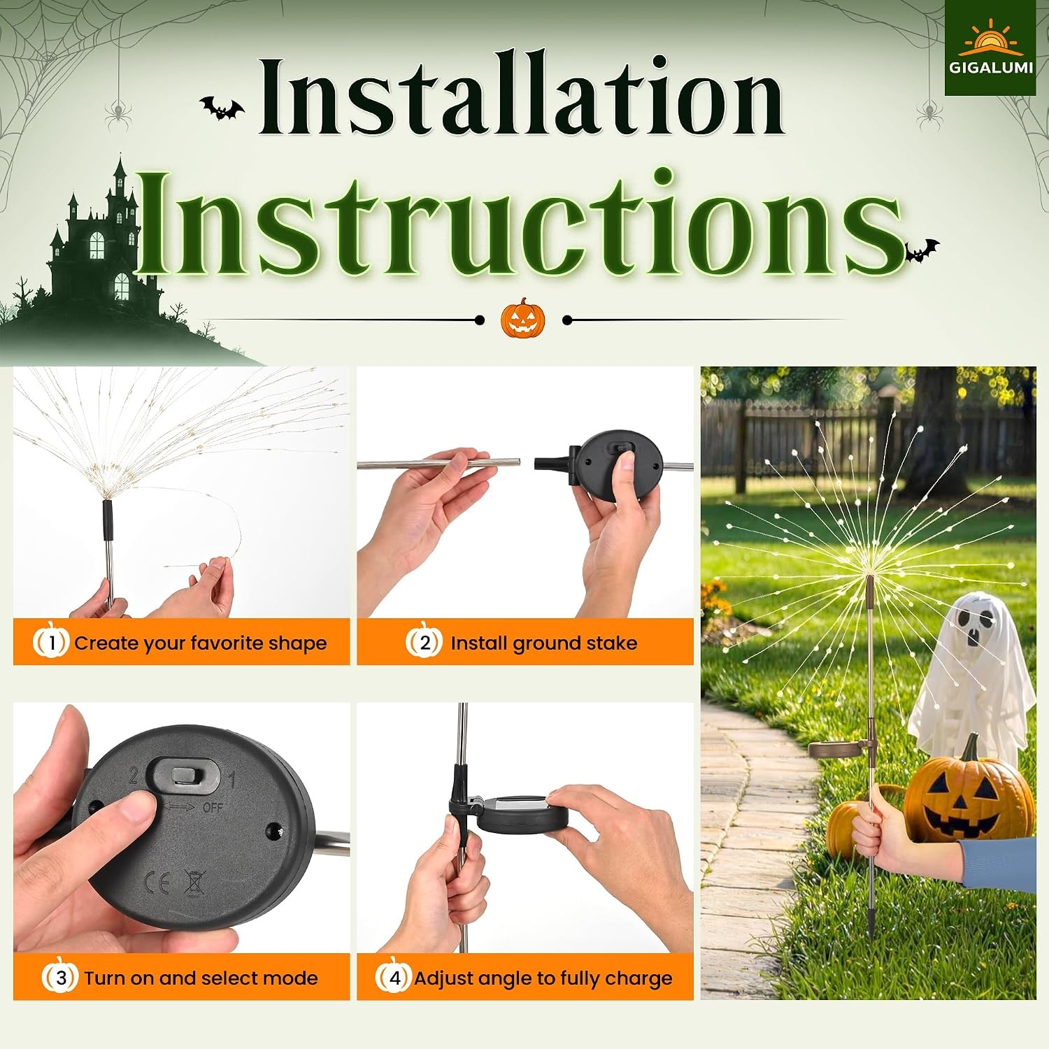 image:imageGIGALUMI 2 Pack Solar Firework Lights Outdoor Garden Decor Warm WhiteGreen