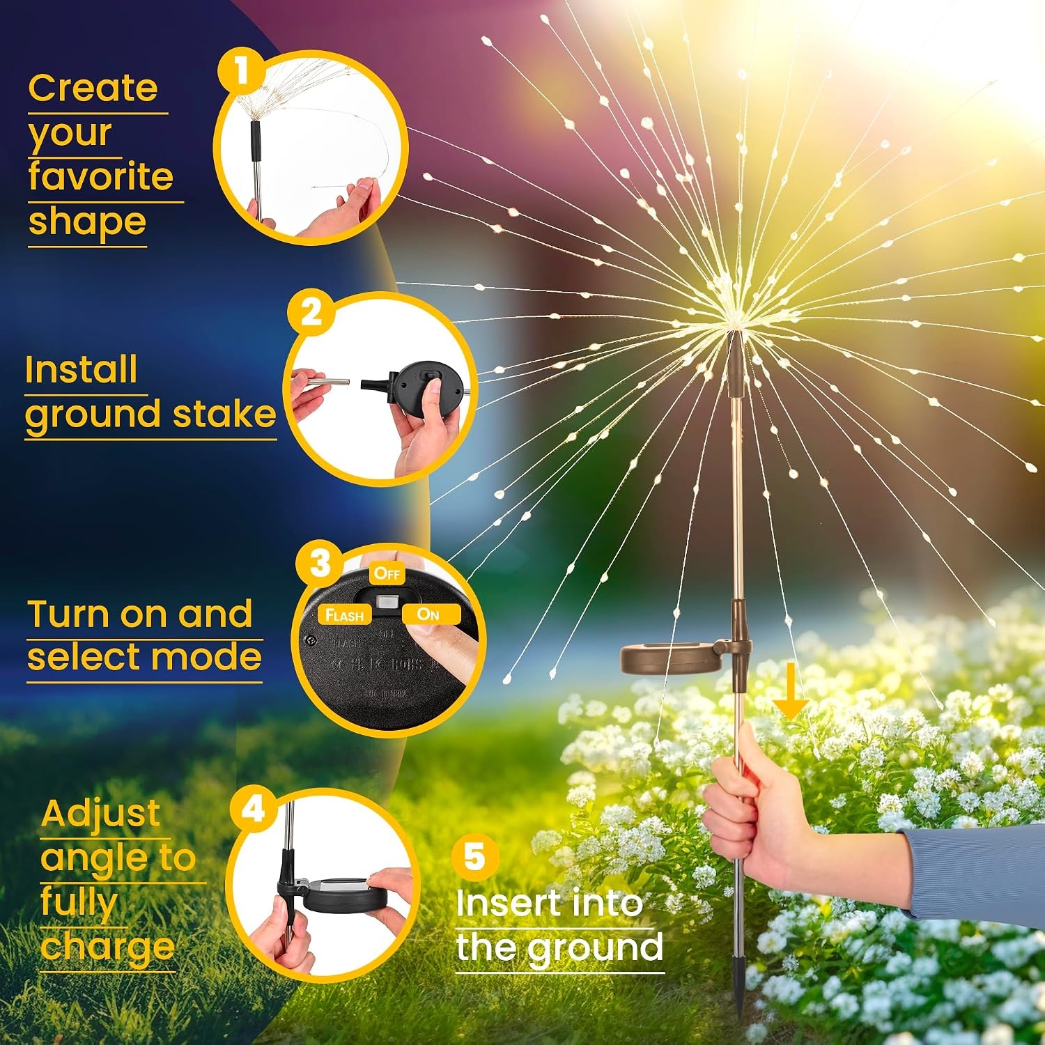 image:imageGIGALUMI 2 Pack Solar Firework Lights Outdoor Garden Decor Warm WhiteMulticolor