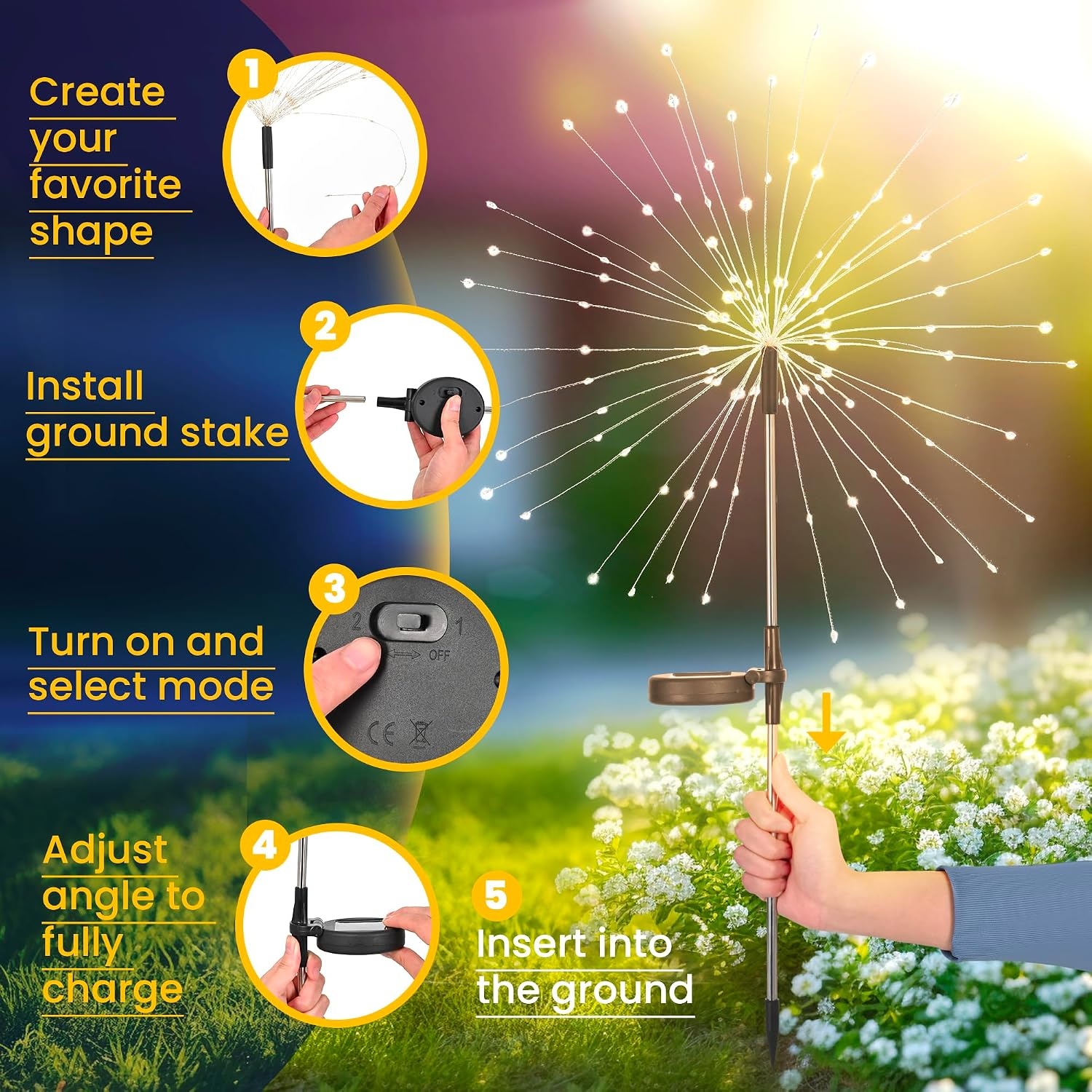 image:imageGIGALUMI 2 Pack Solar Firework Lights Outdoor Garden Decor Warm WhiteMulticolor