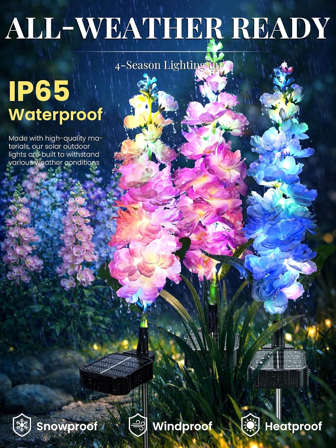 image:imageGIGALUMI 3 Pack Solar Delphinium Flowers Outdoor 2 Modes MulticoloredMulticolor