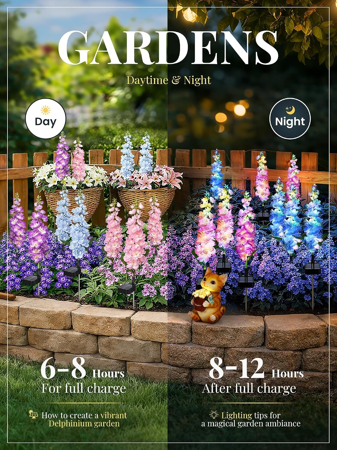 image:imageGIGALUMI 3 Pack Solar Delphinium Flowers Outdoor 2 Modes MulticoloredMulticolor