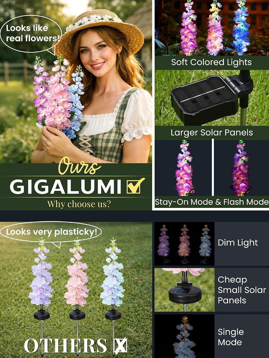 image:imageGIGALUMI 3 Pack Solar Delphinium Flowers Outdoor 2 Modes MulticoloredMulticolor