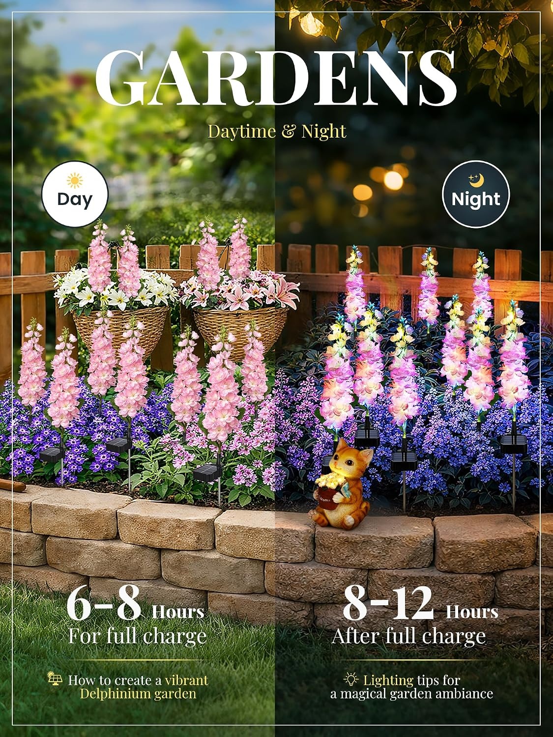 image:imageGIGALUMI 3 Pack Solar Delphinium Flowers Outdoor 2 Modes MulticoloredPink