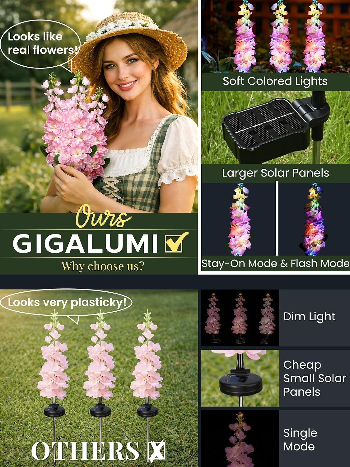 image:imageGIGALUMI 3 Pack Solar Delphinium Flowers Outdoor 2 Modes MulticoloredPink