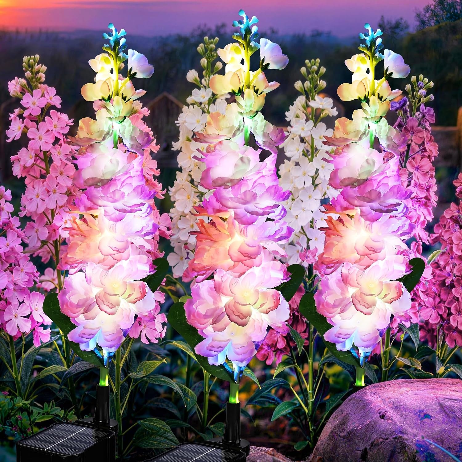 image:imageGIGALUMI 3 Pack Solar Delphinium Flowers Outdoor 2 Modes MulticoloredPink