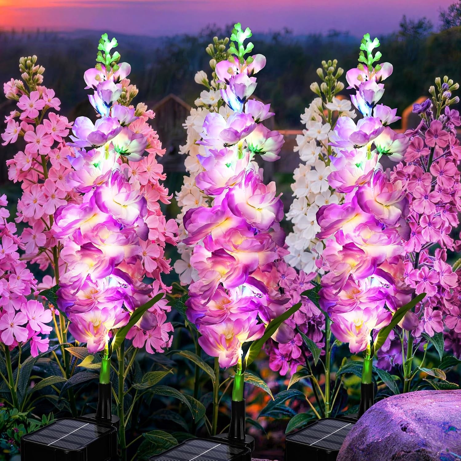 image:imageGIGALUMI 3 Pack Solar Delphinium Flowers Outdoor 2 Modes MulticoloredPurple
