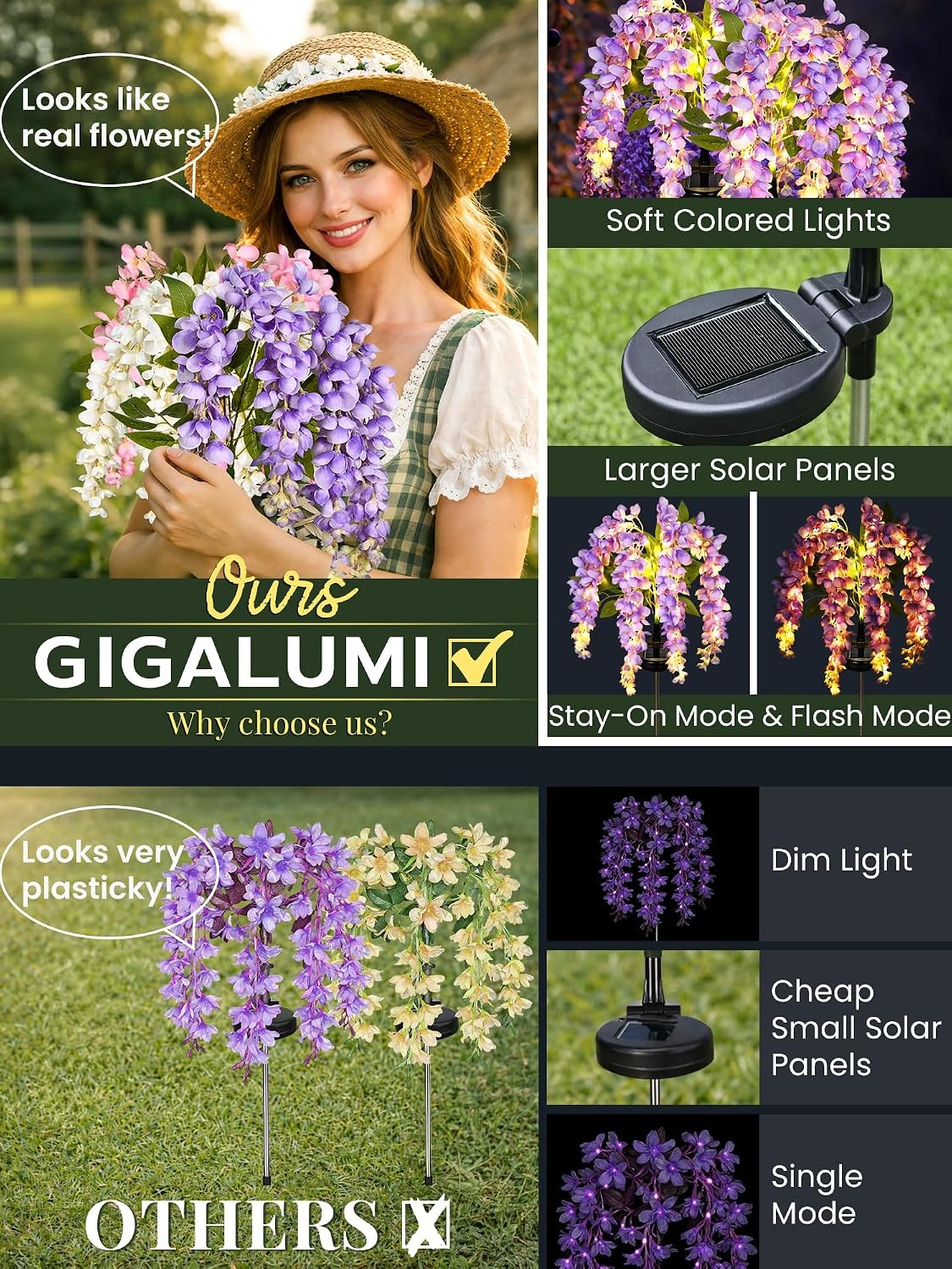 image:imageGIGALUMI 3 Pack Solar Wisteria Flowers Outdoor 2 Modes MulticoloredMulticolor