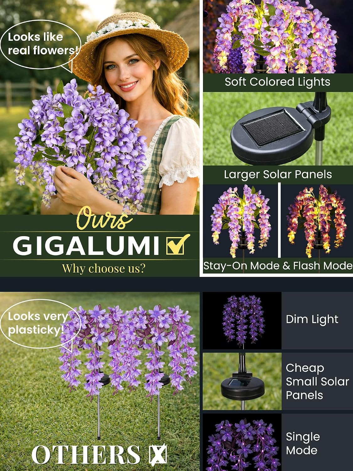 image:imageGIGALUMI 3 Pack Solar Wisteria Flowers Outdoor 2 Modes MulticoloredPurple