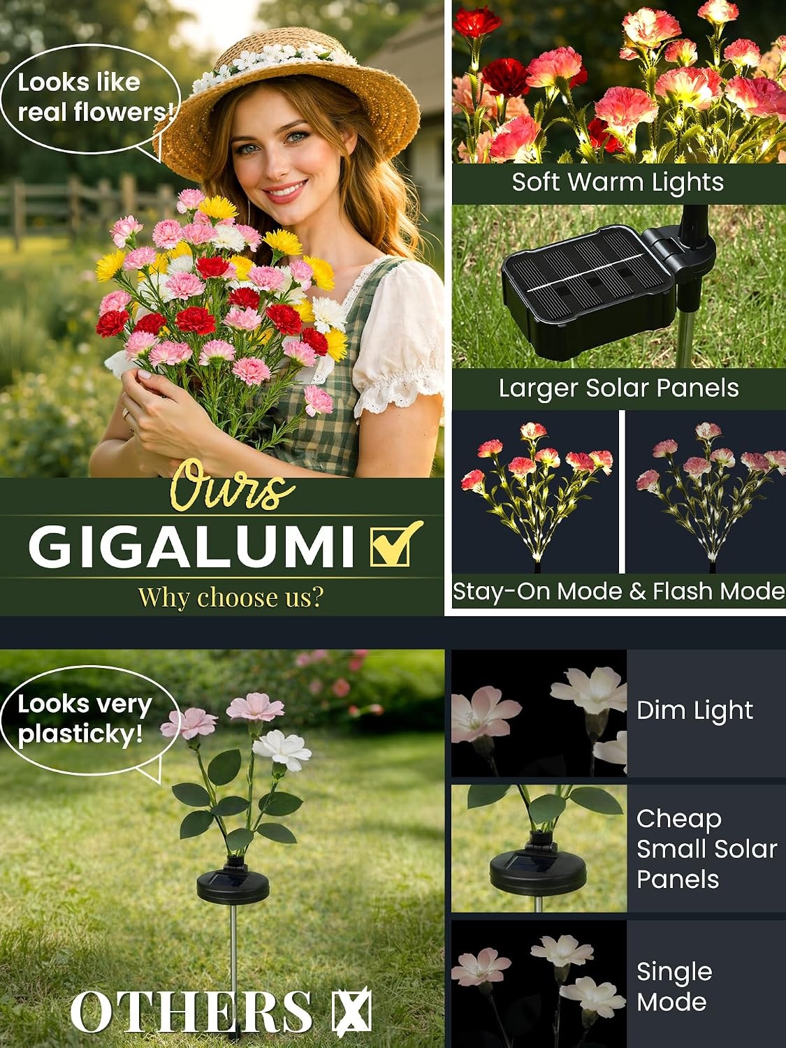 image:imageGIGALUMI 4 Pack Solar 28 Carnations Flowers Outdoor 2 Modes MulticoloredMulticolor