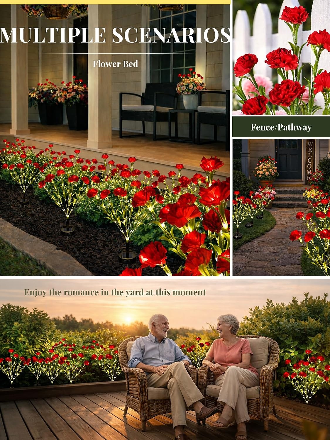 image:imageGIGALUMI 4 Pack Solar 28 Carnations Flowers Outdoor 2 Modes MulticoloredRed