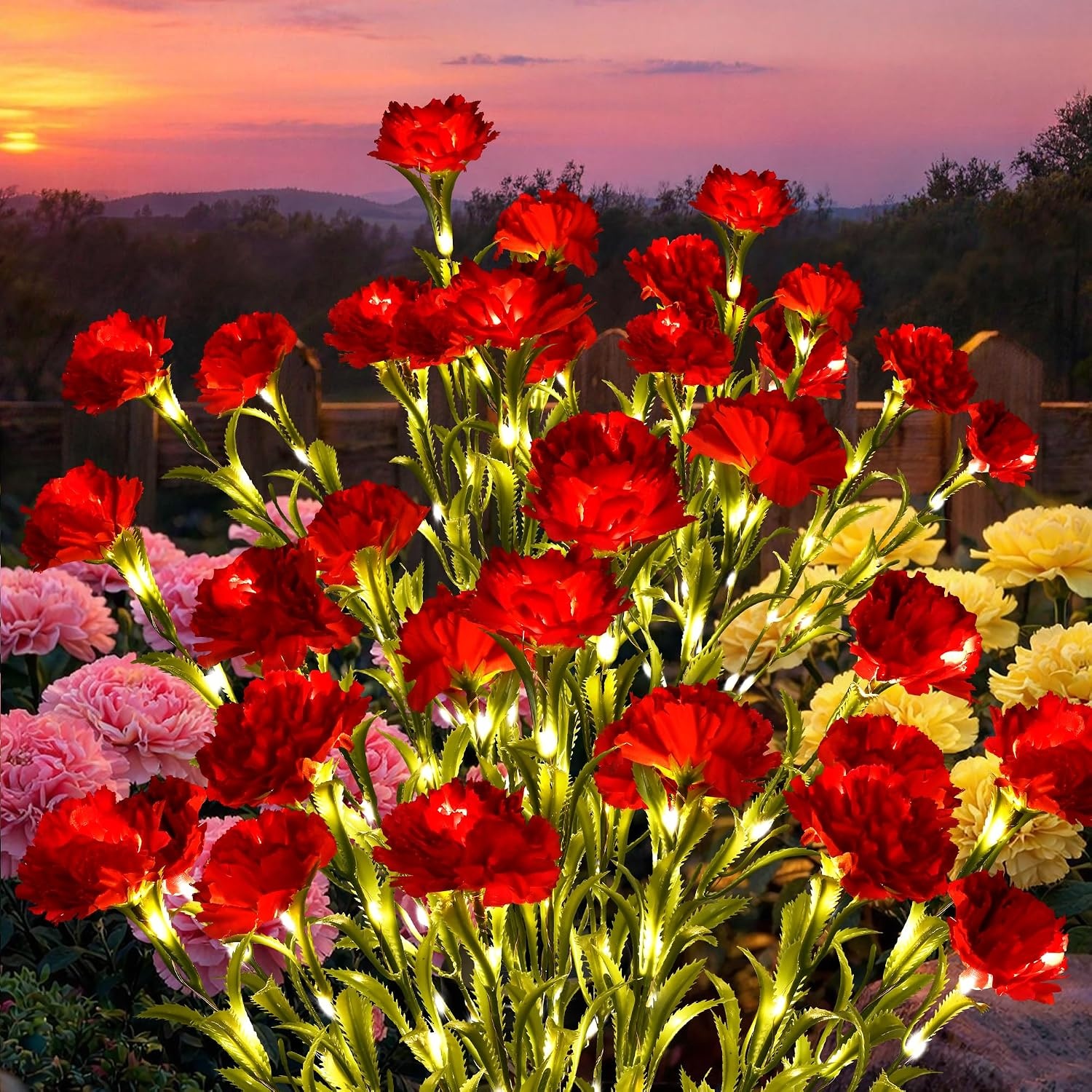 image:imageGIGALUMI 4 Pack Solar 28 Carnations Flowers Outdoor 2 Modes MulticoloredRed