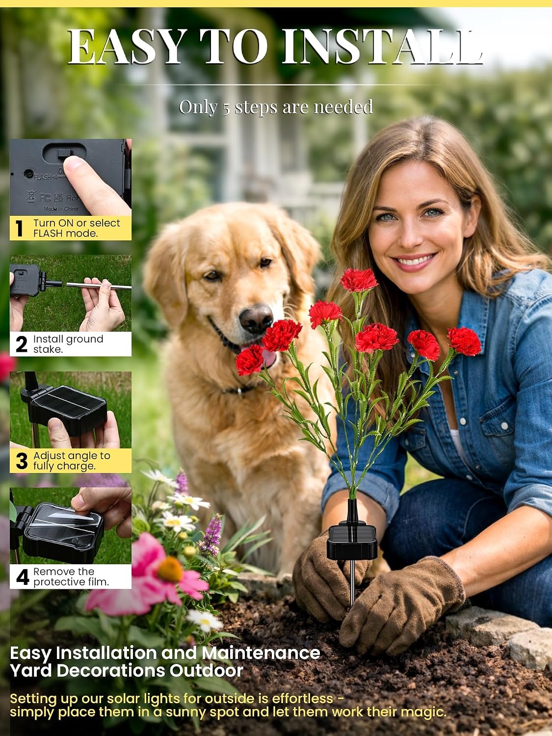 image:imageGIGALUMI 4 Pack Solar 28 Carnations Flowers Outdoor 2 Modes MulticoloredRed