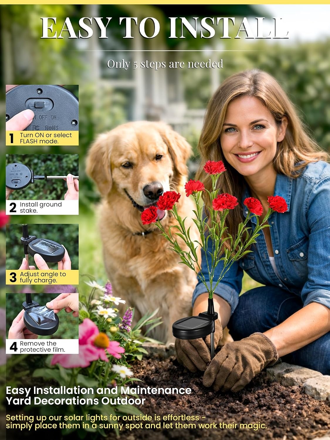 image:imageGIGALUMI 4 Pack Solar 28 Carnations Flowers Outdoor 2 Modes MulticoloredRed