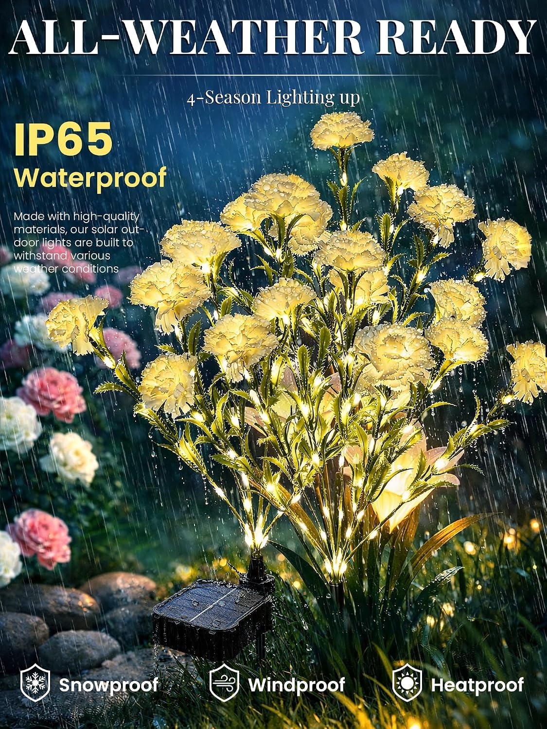image:imageGIGALUMI 4 Pack Solar 28 Carnations Flowers Outdoor 2 Modes MulticoloredWhite