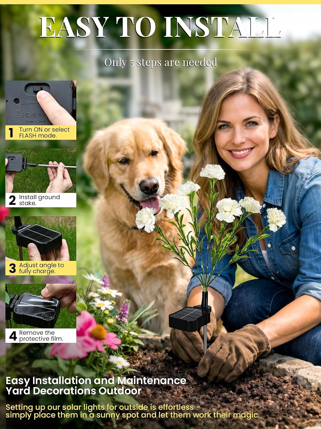 image:imageGIGALUMI 4 Pack Solar 28 Carnations Flowers Outdoor 2 Modes MulticoloredWhite