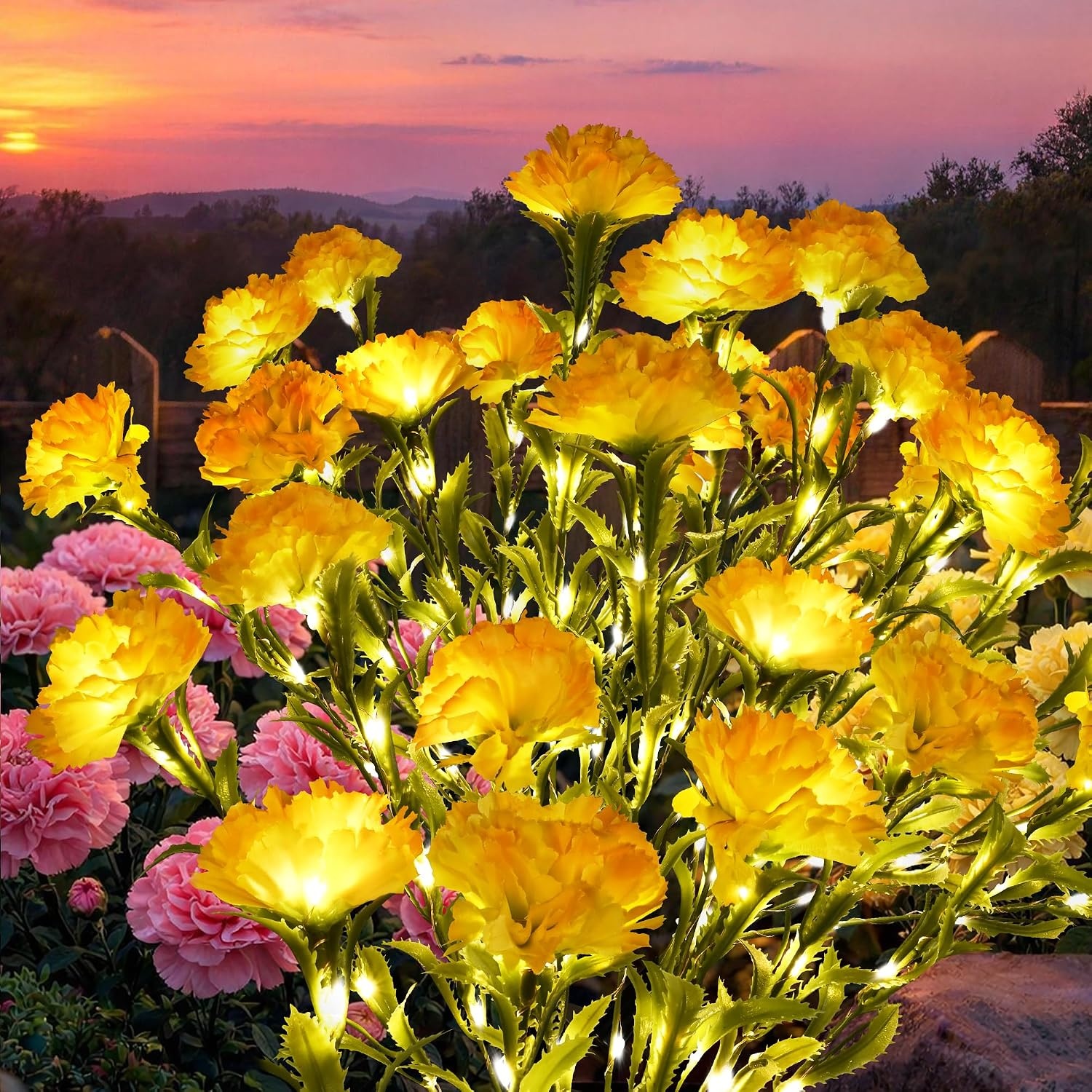 image:imageGIGALUMI 4 Pack Solar 28 Carnations Flowers Outdoor 2 Modes MulticoloredYellow