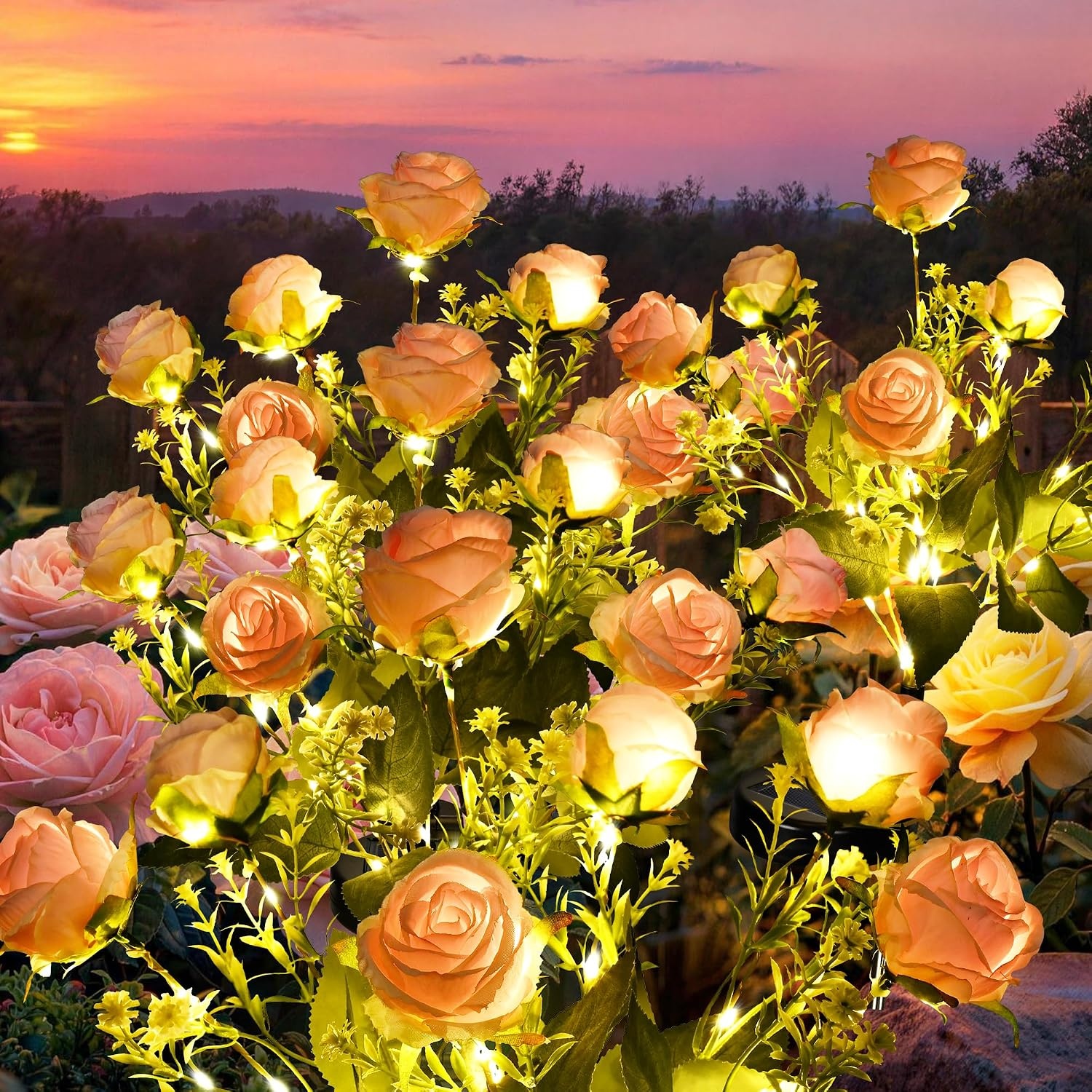 image:imageGIGALUMI 4 Pack Solar 28 Roses Flowers Outdoor 2 Modes MulticoloredPink