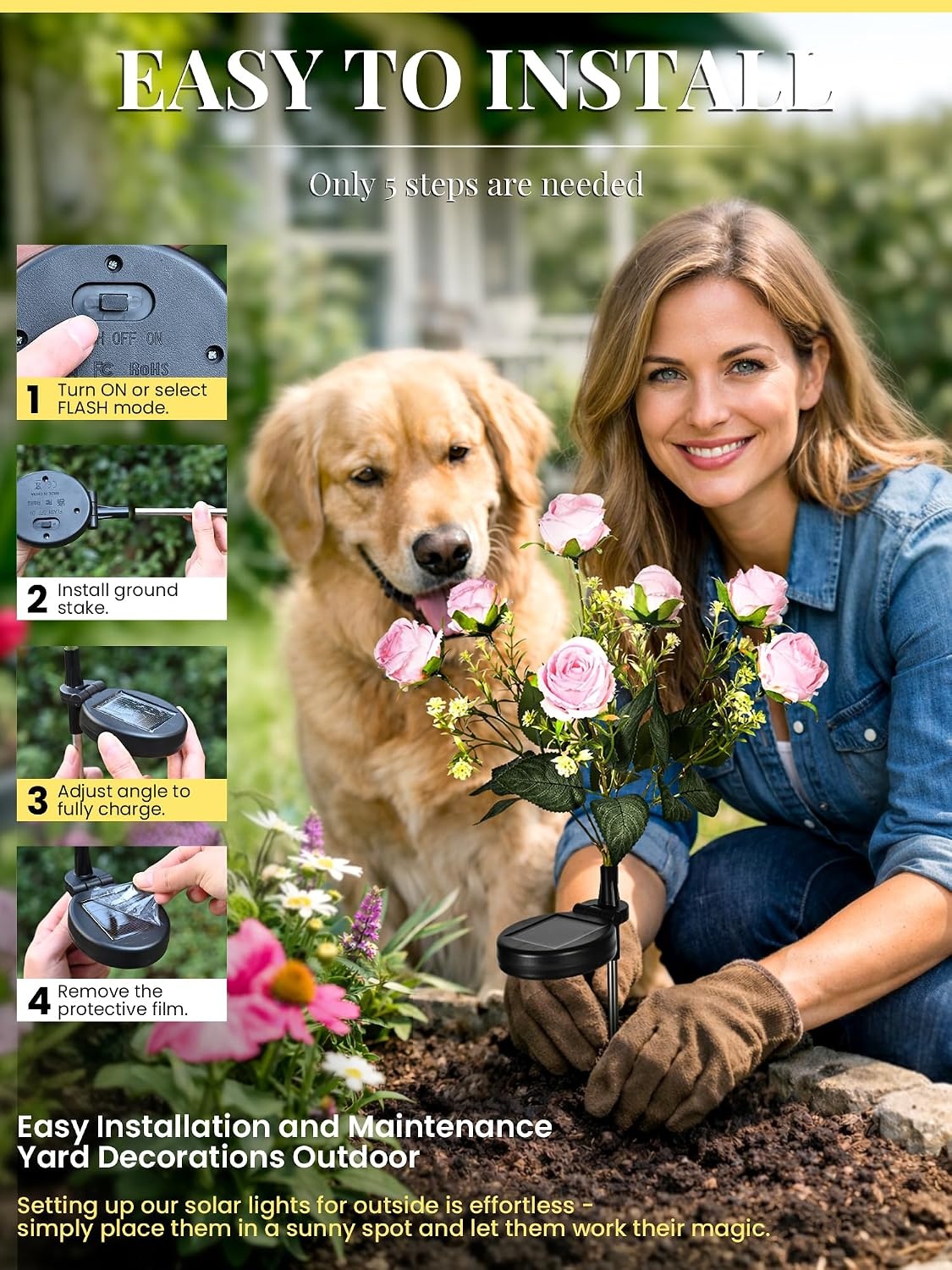 image:imageGIGALUMI 4 Pack Solar 28 Roses Flowers Outdoor 2 Modes MulticoloredPink