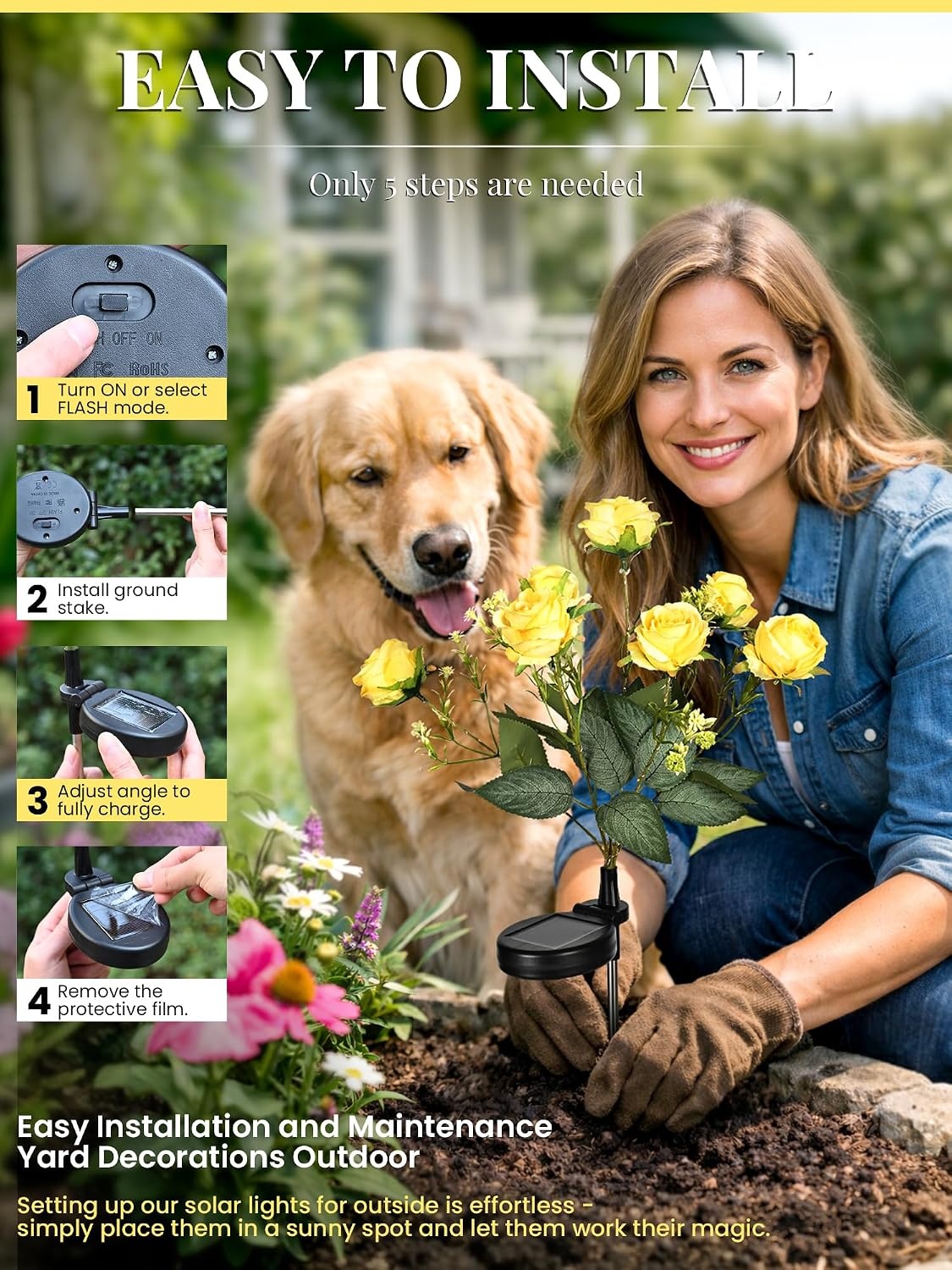 image:imageGIGALUMI 4 Pack Solar 28 Roses Flowers Outdoor 2 Modes MulticoloredYellow