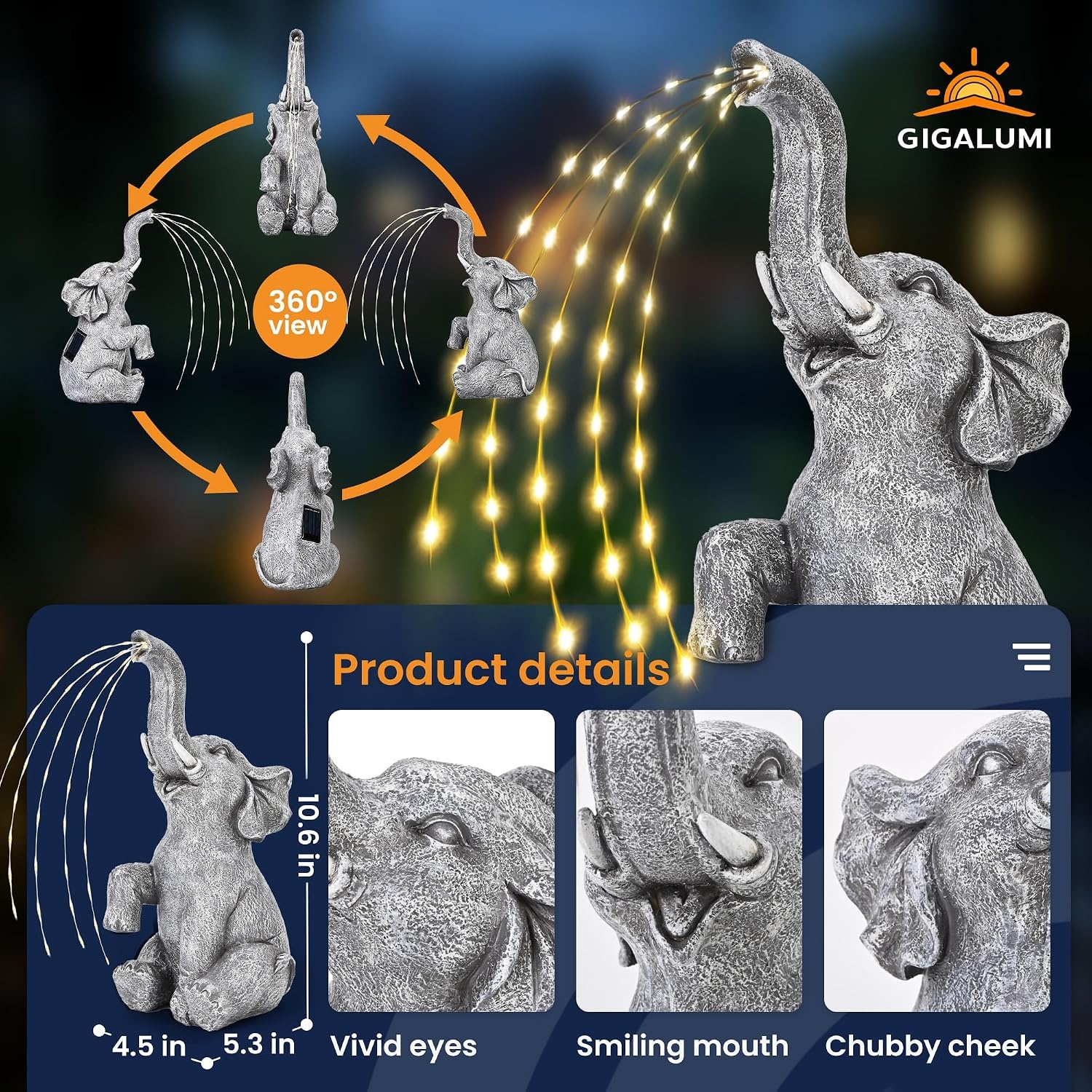 image:imageGIGALUMI Elephant Statue Solar Garden Decor Yard Outdoor Gifts for WomenTwinkling Lights Elephant