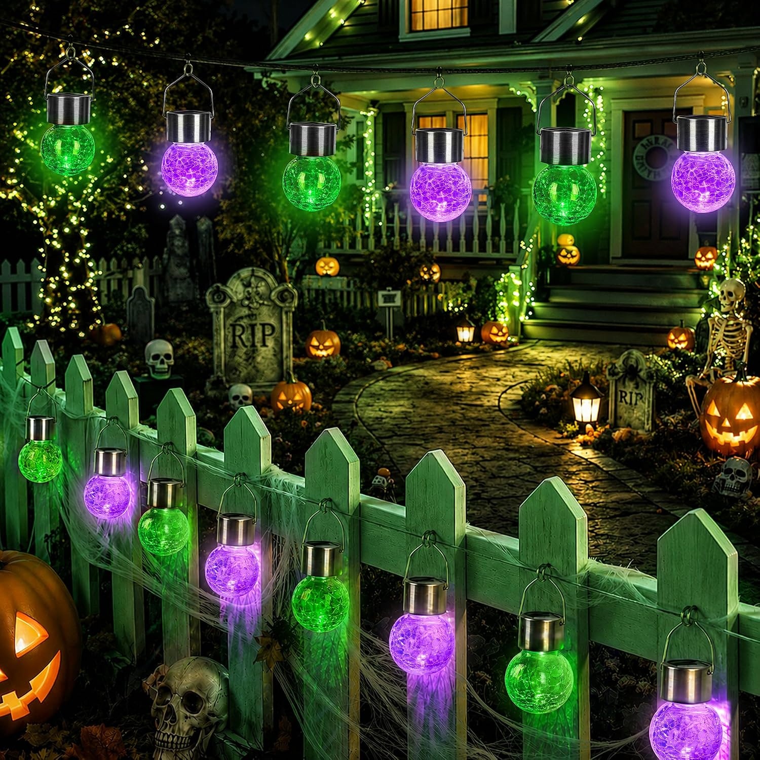 image:imageGIGALUMI Halloween Solar Lights Outdoor Solar Hanging Lanterns Outside 12PCGreen