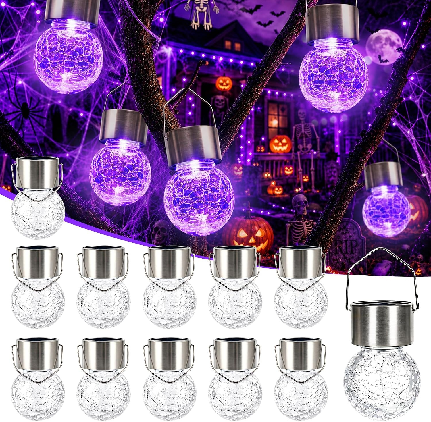image:imageGIGALUMI Halloween Solar Lights Outdoor Solar Hanging Lanterns Outside 12PCPurple