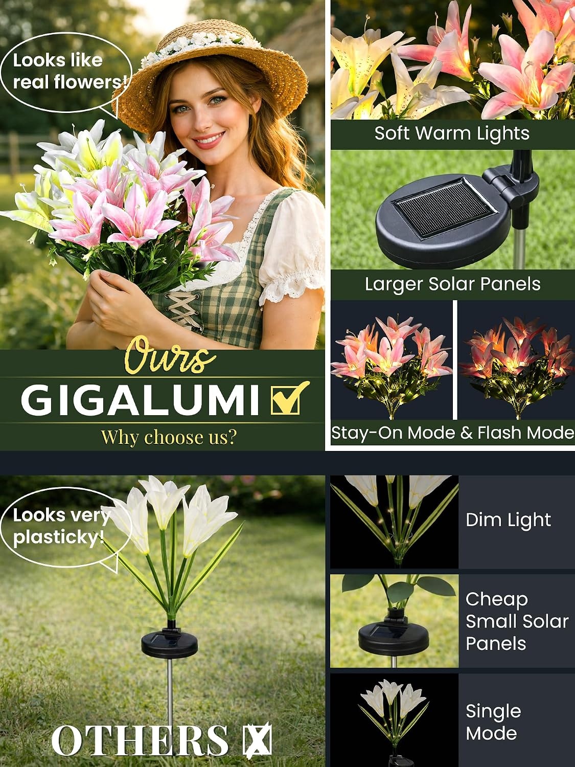 image:imageGIGALUMI Solar Garden Lights 2 Pack LED Lily Solar Flower Lights Outdoor4Pink 2White 2Yellow
