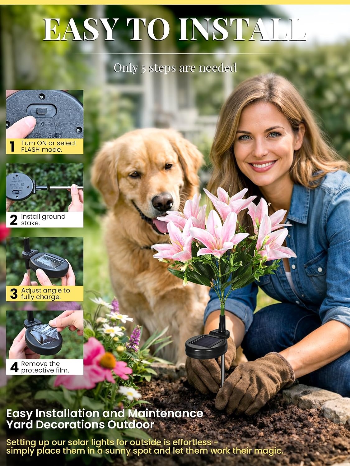 image:imageGIGALUMI Solar Garden Lights 2 Pack LED Lily Solar Flower Lights Outdoor4Pink 2White 2Yellow