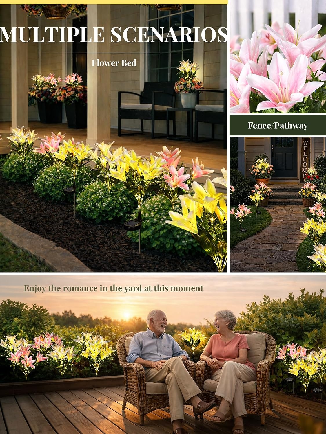 image:imageGIGALUMI Solar Garden Lights 2 Pack LED Lily Solar Flower Lights Outdoor4Pink 2White 2Yellow
