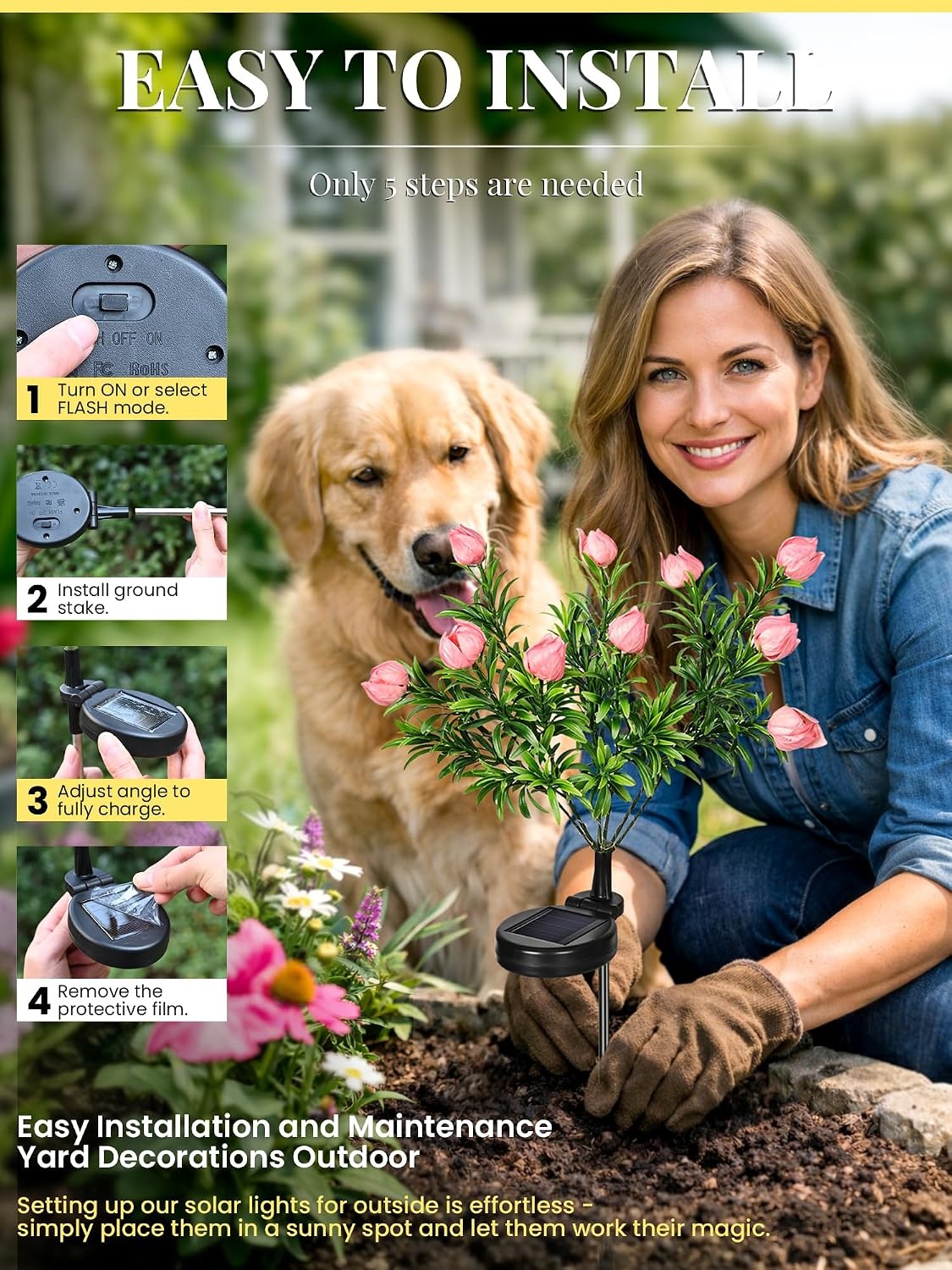 image:imageGIGALUMI Solar Garden Lights with Gardenias 2 Pack LED Garden Decor Carefree Solar Flowers Outdoor Waterproof Yard Decorations Outdoor AllergyFree Light up Flowers for Yard Patio 1white1yellow2pink