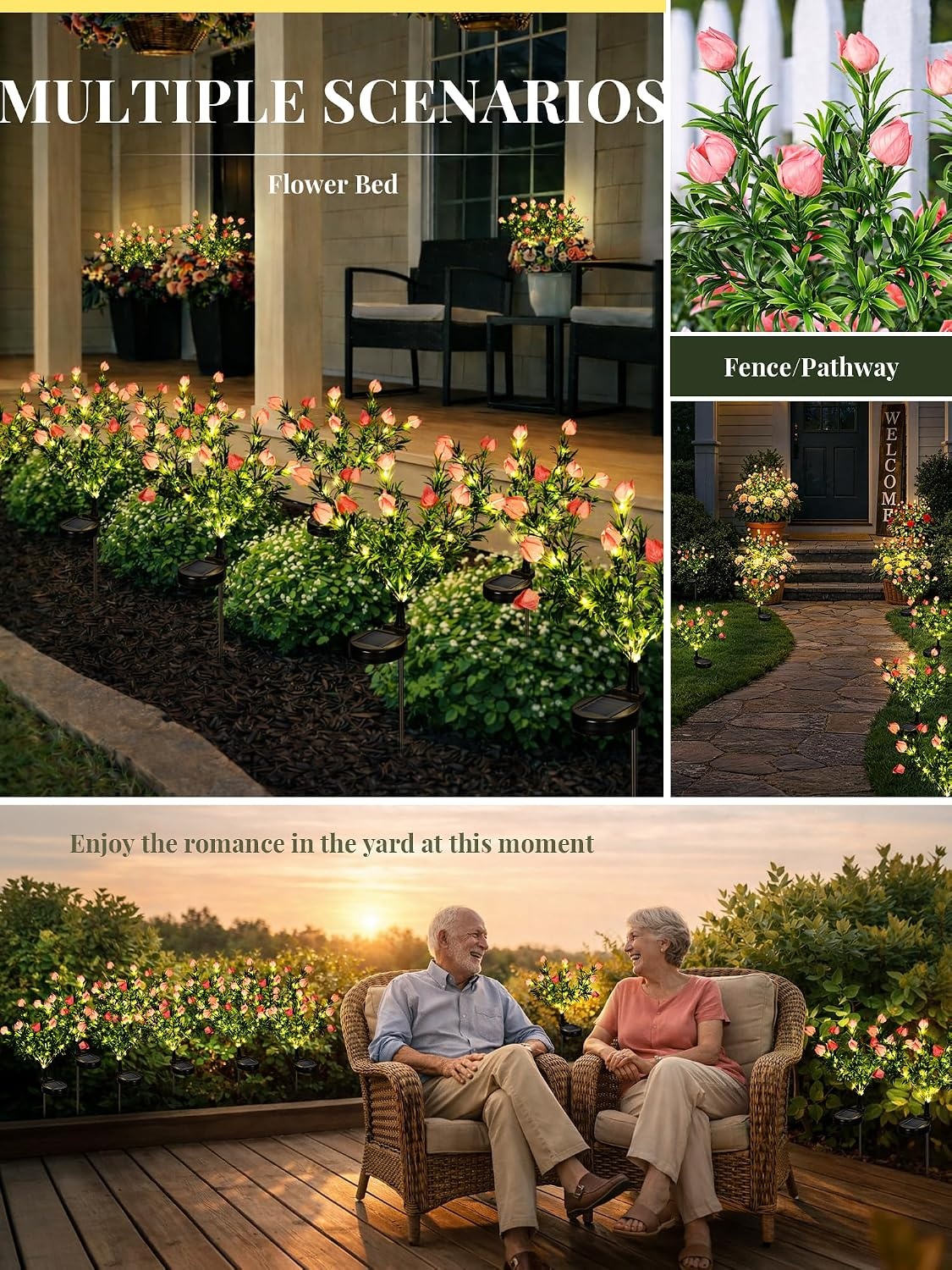 image:imageGIGALUMI Solar Garden Lights with Gardenias 2 Pack LED Garden Decor Carefree Solar Flowers Outdoor Waterproof Yard Decorations Outdoor AllergyFree Light up Flowers for Yard Patio 1white1yellow2pink