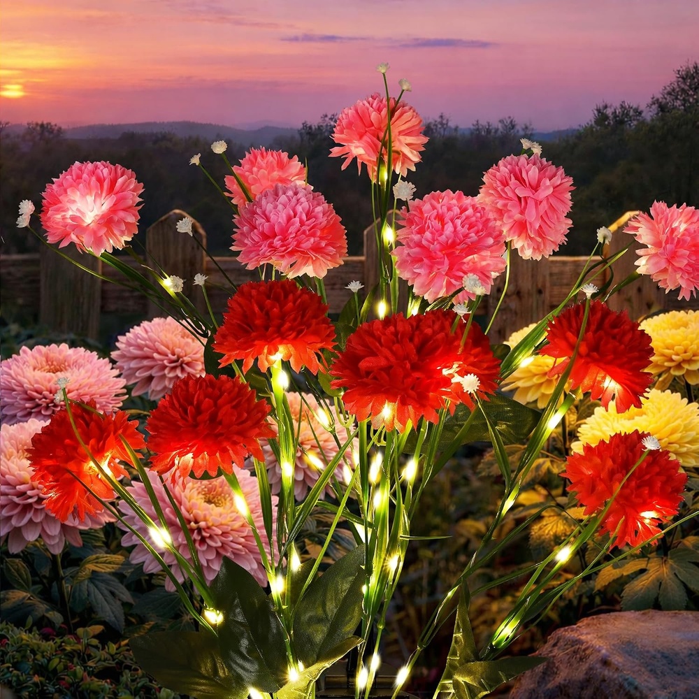 image:imageGIGALUMI 3 Pack Solar 21 Chrysanthemum Flowers Outdoor 2 Modes MultiColorPinkRed