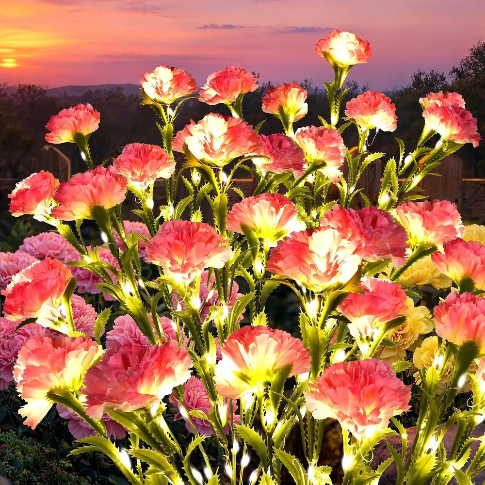 image:imageGIGALUMI 4 Pack Solar 28 Carnations Flowers Outdoor 2 Modes MulticoloredPink