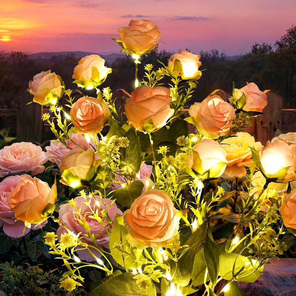 image:imageGIGALUMI 4 Pack Solar 28 Roses Flowers Outdoor 2 Modes MulticoloredPink