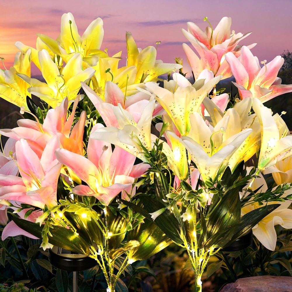 image:imageGIGALUMI Solar Garden Lights 2 Pack LED Lily Solar Flower Lights Outdoor2Pink 1White 1Yellow