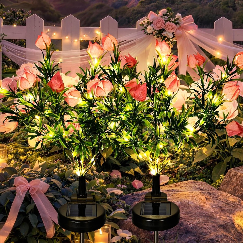 image:imageGIGALUMI Solar Garden Lights with Gardenias 2 Pack LED Garden Decor Carefree Solar Flowers Outdoor Waterproof Yard Decorations Outdoor AllergyFree Light up Flowers for Yard Patio 1white1yellow2pink