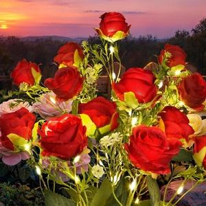 GIGALUMI 4 Pack Solar 28 Roses Flowers Outdoor, 2 Modes, Multicolored(Red)